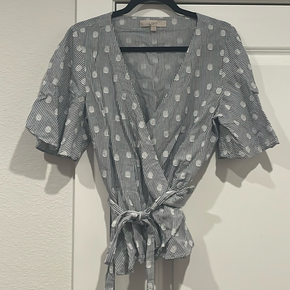 Loft wrap top with textured polka dot